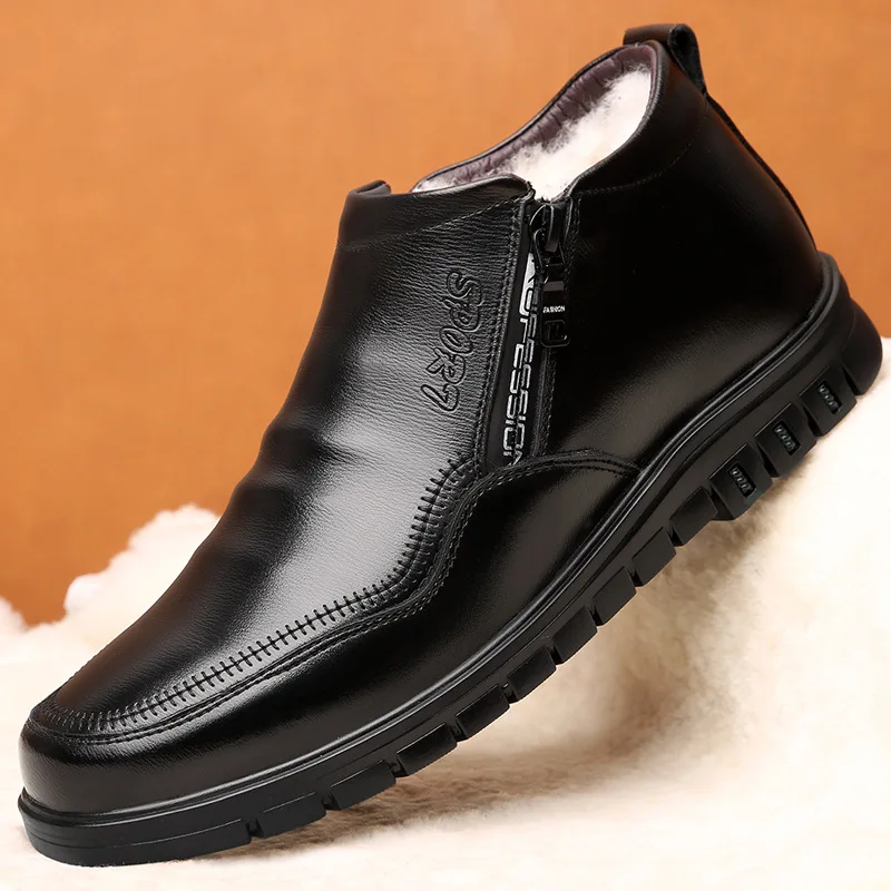 

New Style Genuine Leather Men Cotton-padded Shoes Business Warm Cotton-padded Leather Shoes plus Velvet Pure Wool Fur Hight-top
