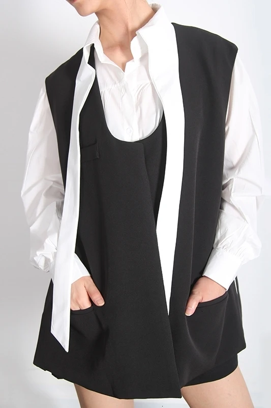 White Super Long Collar Korean Long Sleeve Lace Shirt Black Sleeveless Vest Suit Casual Loose Spring New PC389
