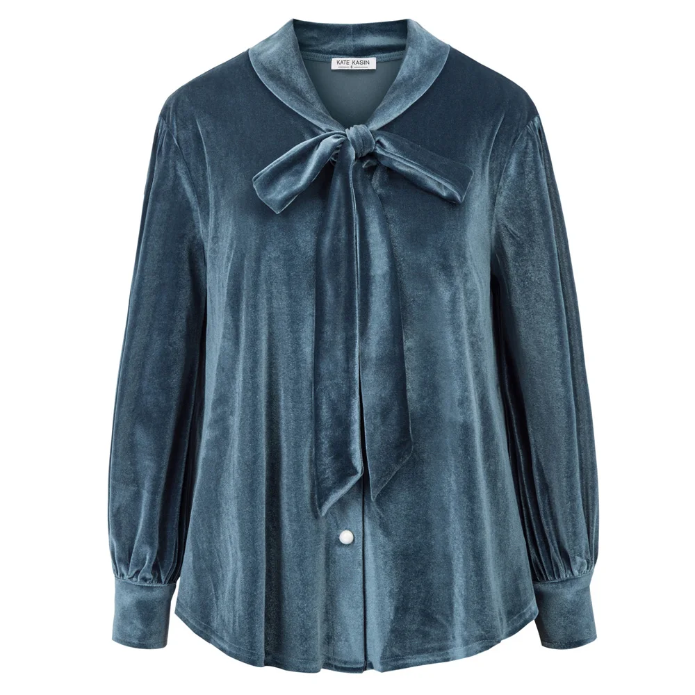 

Women Tie-Neck Velvet Shirt Tops Button Placket Long Sleeve Loose Fit solid color autumn winter elegant office work OL blouse