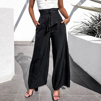 

Spring Women High Waist Wide Leg Pants Ladies Daily Large Size Black Trousers Autumn Femme Solid Color Pocket Loose Long Pants