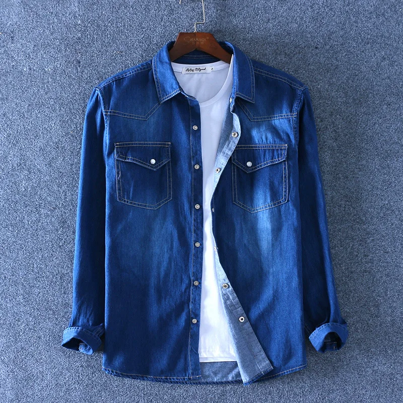 Men's Slim Denim Shirt Spring Cotton Square Collar Pocket Button Fashion Long Sleeve Jeans Shirt