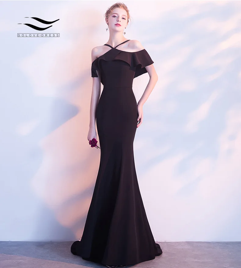 ^*Best Offers Solovedress Halter Fashion Mermaid Gown 2019 Lange Chiffon Off The Shoulder Ruffle Mouwen Party Plus Graduation Dress G710