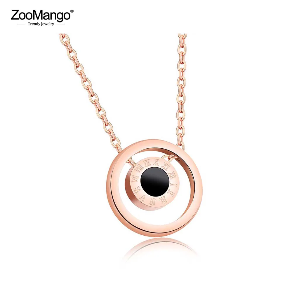 ZooMango Classic Titanium Steel Roman Numeral Double Sided Black &amp White Shells Circle Rose Gold Color Pendant Necklaces ZN17072 |