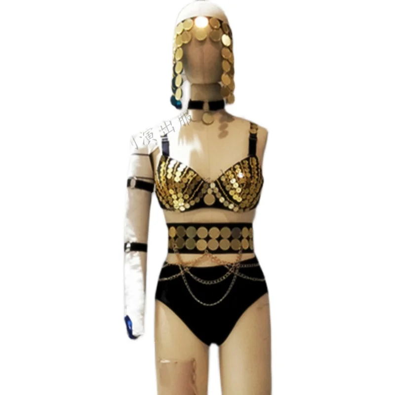 

Sexy Gold Mirror Bikini Sparkly Headgear Stage Performance Fashion Show Wear DJ Women Singer Dancer Nightclub Costume