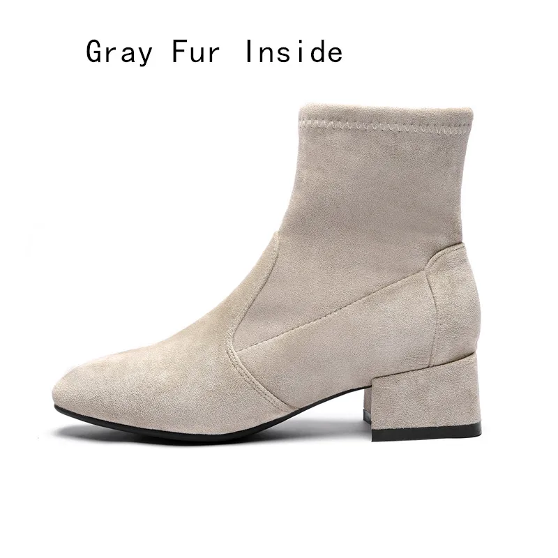 Beige Fur Botas mujer invierno; коллекция года; женские зимние ботильоны на меху; женские ботинки на высоком каблуке; однотонная женская обувь; цвет синий, черный - Цвет: Beige Fur