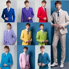 Костюм из трех предметов яркого цвета для мужчин, деловые встречи, выступления, вечерние, свадебные, повседневная одежда