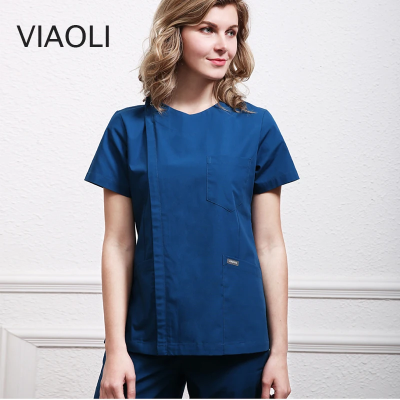 Button and zipper surgical gown medical suit, summer breathable cotton nurse scrub uniform ,top and pants