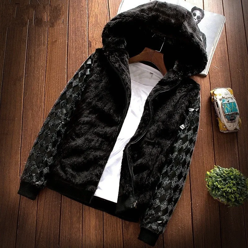 Готическая мужская осенне-зимняя куртка из искусственного меха с капюшоном и меховой подкладкой, теплое пушистое Пальто Harajuku в стиле хип-хоп, Повседневная цветная куртка с панелями