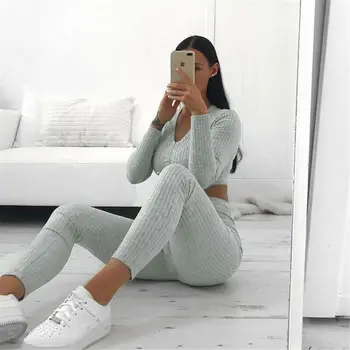 

2pcs New Autumn Women Knit Lounge Wear Suit Women Sets Ladies Tracksuit Set Casual Long Pants and Tops Sports Sets