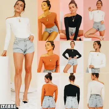 

2019 Newest Fashion Women's Slash Neck Pullover Sweater Long Sleeve Sexy Casual Solid Color Pullover