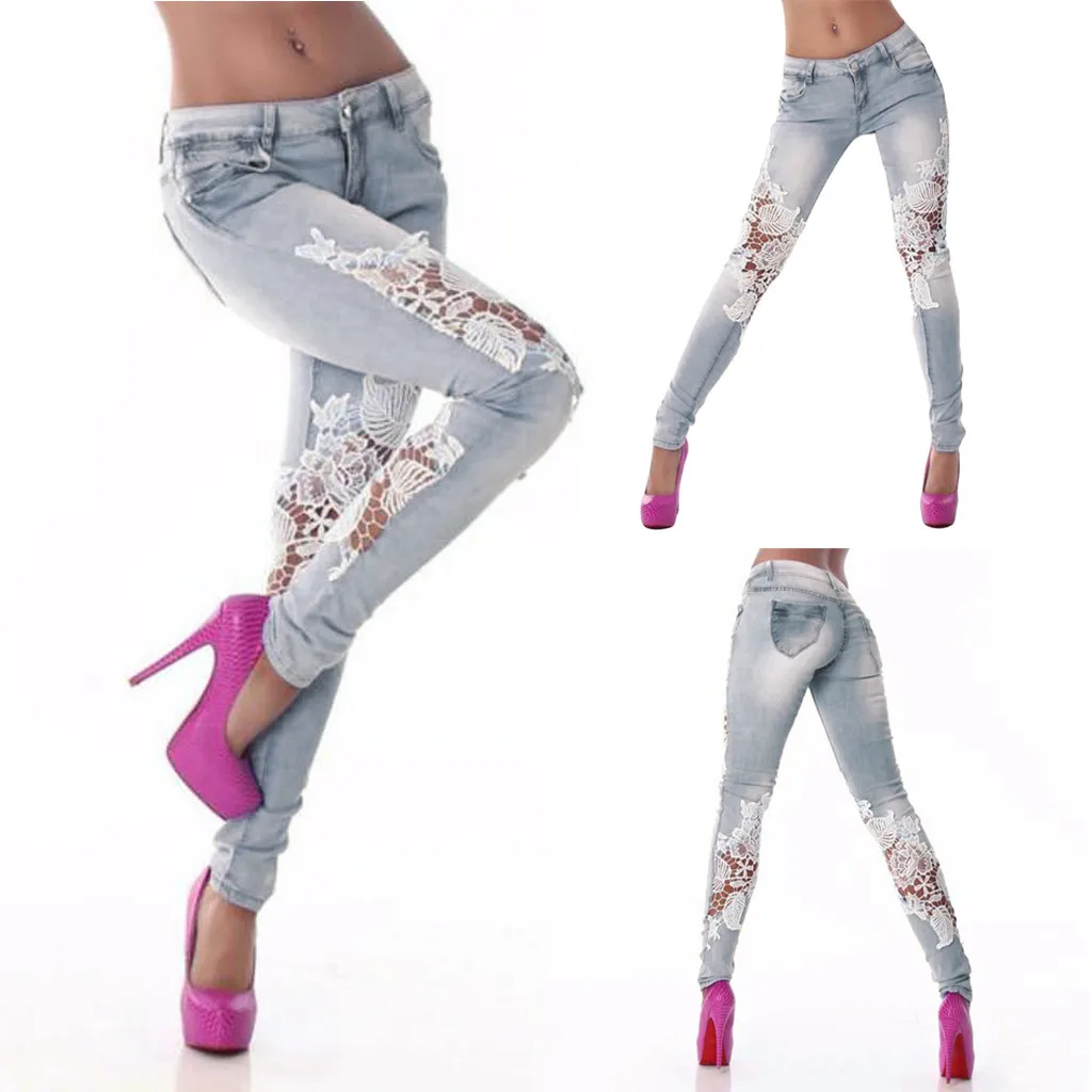Jaycosin осенние модные женские повседневные свободные кружевные джинсы с высокой талией джинсовые обтягивающие Стрейчевые женские широкие брюки-карандаш для фитнеса 12#4