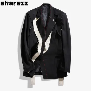 

Sharezz Spring Autumn 2020 New Women Black Hit Color Split Blazer Lapel Long Sleeve Loose Fit Jacket Fashion Tide Short Coat
