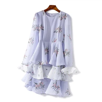 

New Lilac Print Multi Flounced Long Sleeve Dress Casual Fashion Dress