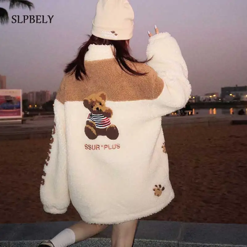 

SLPBELY Winter Women Cartoon Bear Coat Women's Sweatshirts Casual Oversized Clothes Women Jackets Cute Warm Korean White Outwear