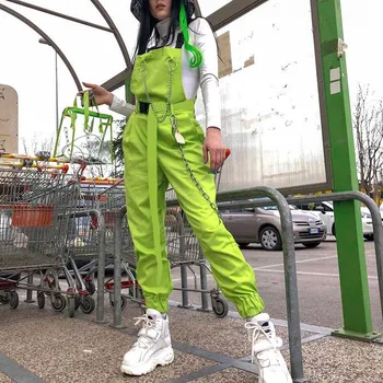 

NiceMix Casual Jumpsuit Women Goth Chain Streetwear Green Hipster Suspender Overalls Spring 2019 School Trendy Girl Black Long