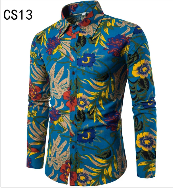 Kezrea Men's Spring and Autumn New Casual Pocket Shirt Slim Long Sleeve Linen Print Top Shirt