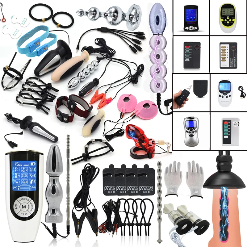 BDSM Electric Shock Anal Vaginal Plug E-Stim Penis Ring Urethral Dilator Massage Gloves Nipple Clamps Sex Therapy Toy Kit