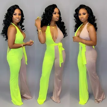 

Plus Size Sexy Backless Jumpsuit Lace Up Women Clothes Long Pants Neon Green Jumpsuits Summer Ladies Sash Elegant Overalls