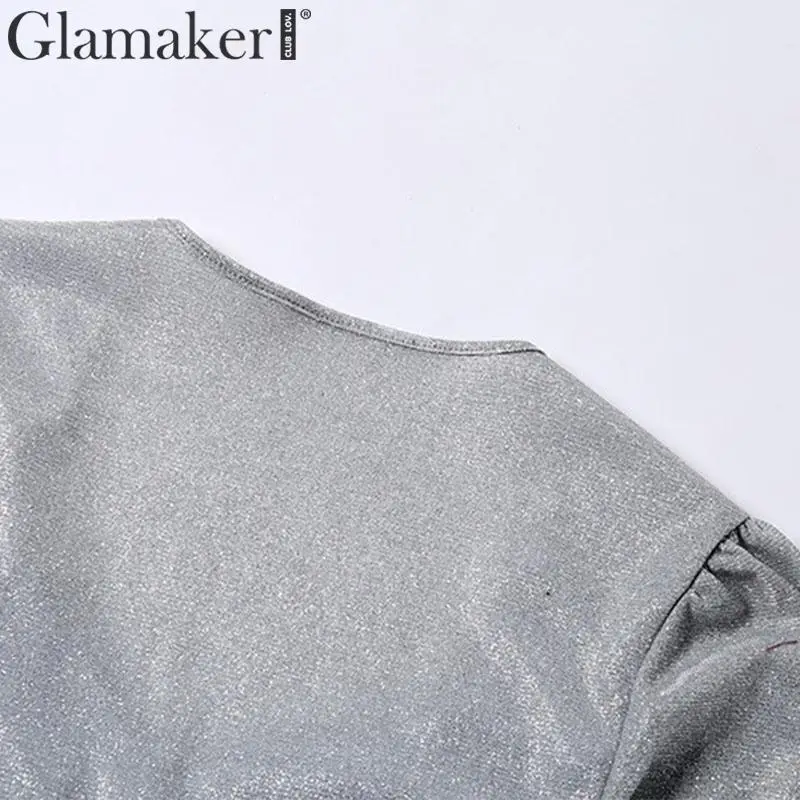 Glamaker, сексуальное Плиссированное блестящее платье, короткое, Осень-зима, с длинным рукавом, элегантное платье, женская мода, короткие платья, женские, вечерние, ночные