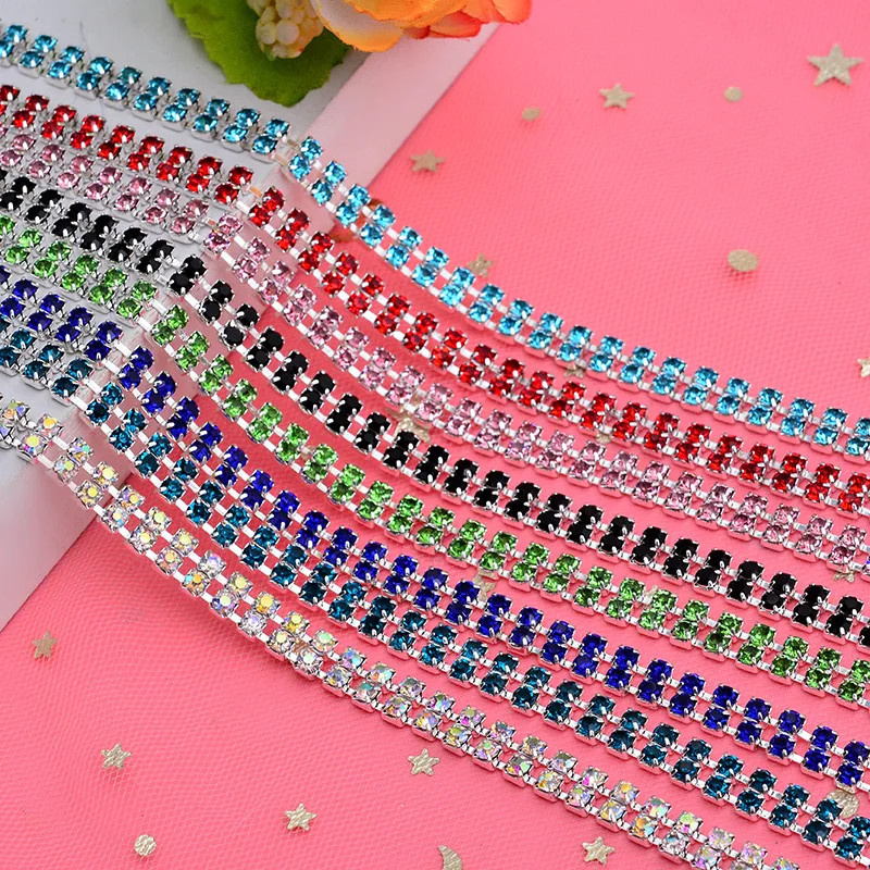 

1 Yards/Roll Silver Base Rhinestone Multicolour Double Row Claw Chain Dense Glass Rhinestone Trim DIY Accessories Decoration G