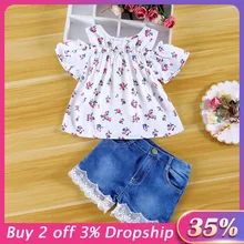 Комплект одежды для новорожденных девочек: футболка с открытыми плечами и принтом+ джинсовые штаны Одежда для маленьких девочек одежда для малышей roupa infantil