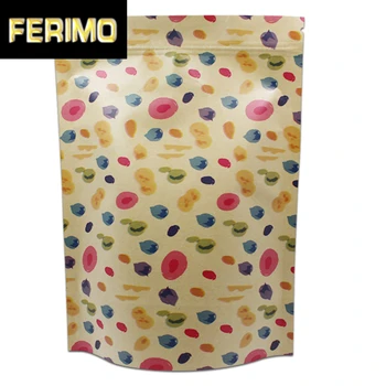 

Brown Kraft Paper Zipper Bag Stand Up Pouch Food Packaging Tea Nuts Beans Zip Lock Resealable Tree Colored Dots Printed 2 Design
