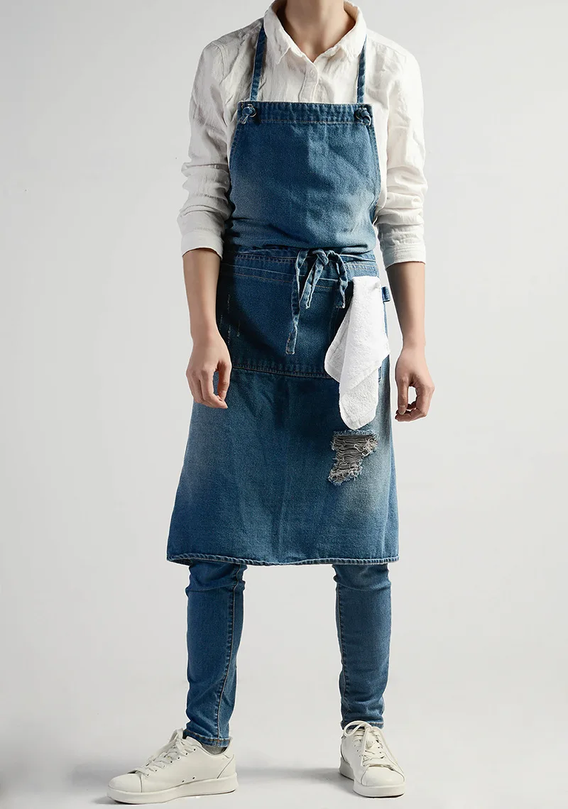 Vintage Blue Kitchen Denim Aprons For Men Women Unisex Homewear Workwear Apron For Cooking Chef Barista Bartender