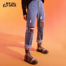 ELFSACK, синие, одноцветные, потертые, прямые, повседневные джинсы для женщин, зима, новые, клетчатые, лоскутные, офисные, для девушек, базовые штаны для ежедневной носки