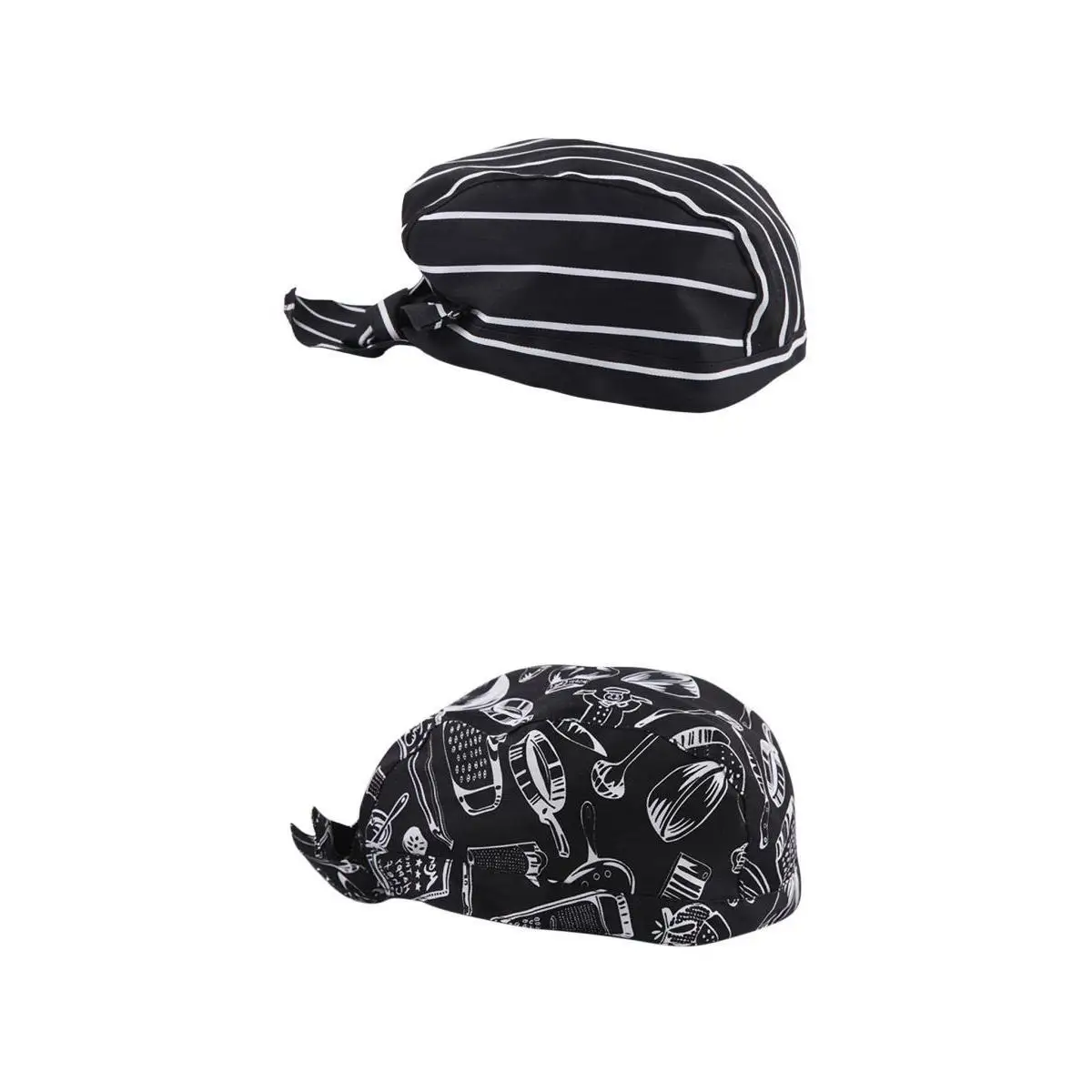 2 Pieces Unisex Chef Pirate Hat Cap Chef Headscarf Headwrap Black and White Stripes Chef Cap