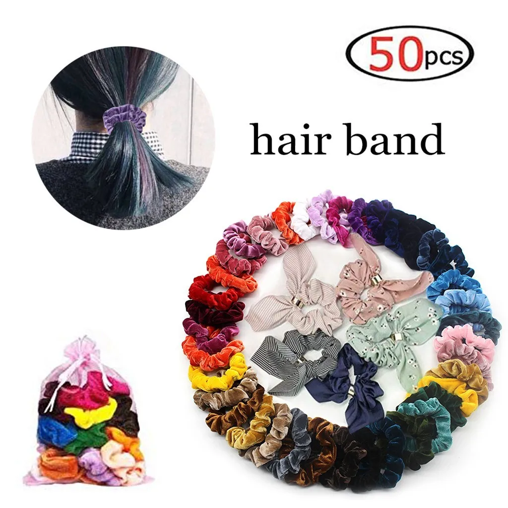 

50 Pcs Hair Scrunchies Velvet Elastic Hair Bands Hair Ties Ropes Scrun 45pc velvet 5pc rabbit ears pink bag ligas para cabel 04*