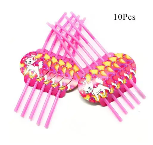 straw 10pcs Зонт кошка Мэри одноразовая посуда мультфильм розовый Кот аристократы тема вечерние день рождения, детский душ чашки пластины украшения - Цвет: straw 10pcs