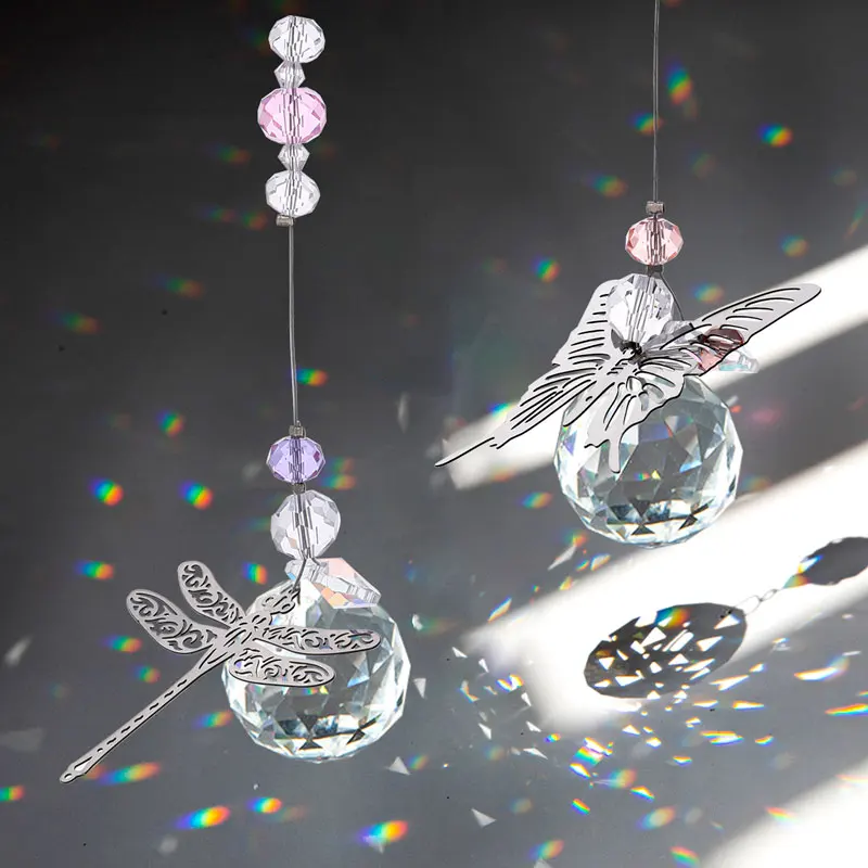 H&D 2pcs 30mm Crystal Ball Prisms Butterfly Dragonfly Suncatchers Window Hanging Ornament Rainbow Maker for Home,Garden Decor