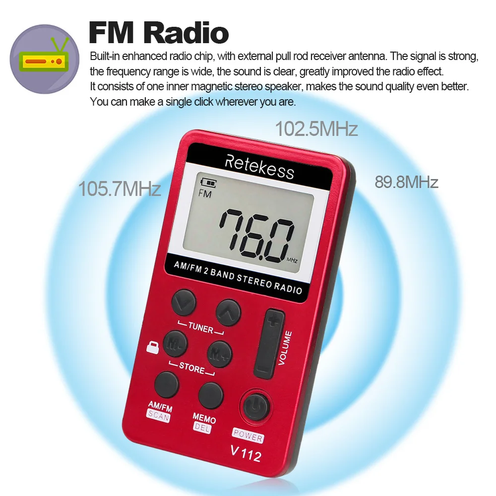 Retekess V-112, новое AM/FM стерео радио, портативное цифровое тюнинговое радио, мини приемник, уличное радио с наушниками, ремешок, перезаряжаемый