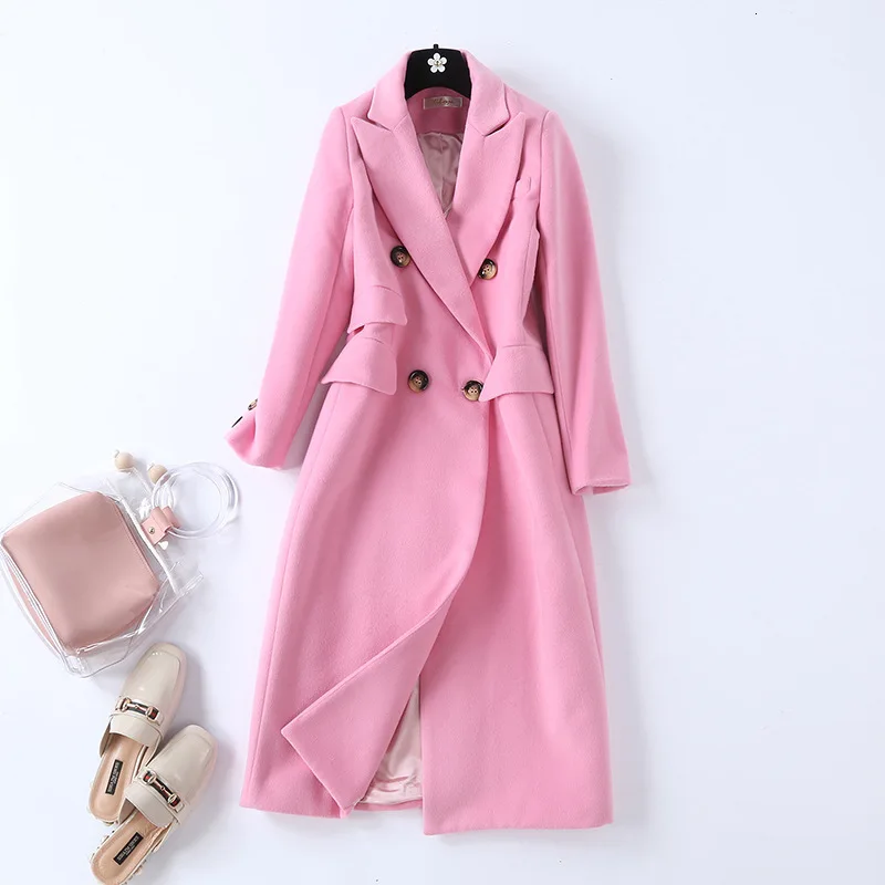pink Осенне-зимнее розовое шерстяное пальто женское модное повседневное офисное однобортное длинное пальто с длинным рукавом Abrigo Mujer - Цвет: pink