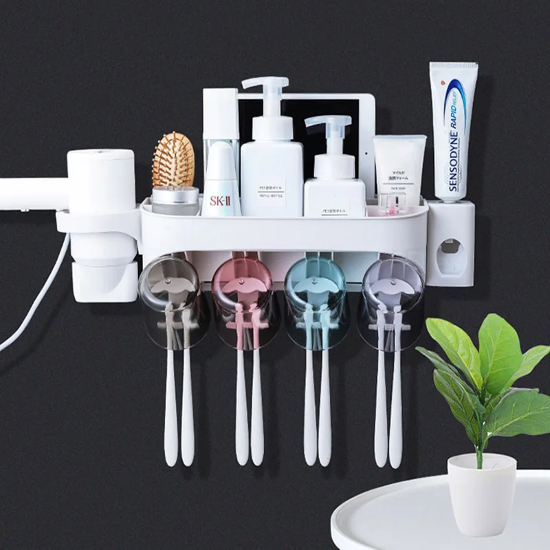

Automatic Toothpaste Dispenser Squeezer Toothbrush Holder Makeup Storage Rack Hair Dryer Shelf Bathroom Cosmetic Organizer