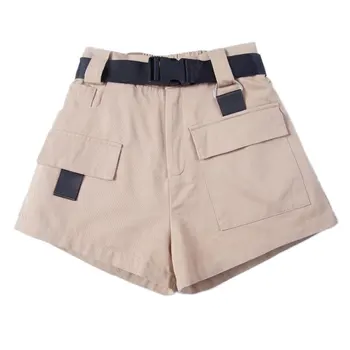 

High Waist Wide Leg Cargo Women's Shorts Vintage Sashes Solid Khaki Pocket Women Shorts Summer Fashion New Casual Clothes 2020