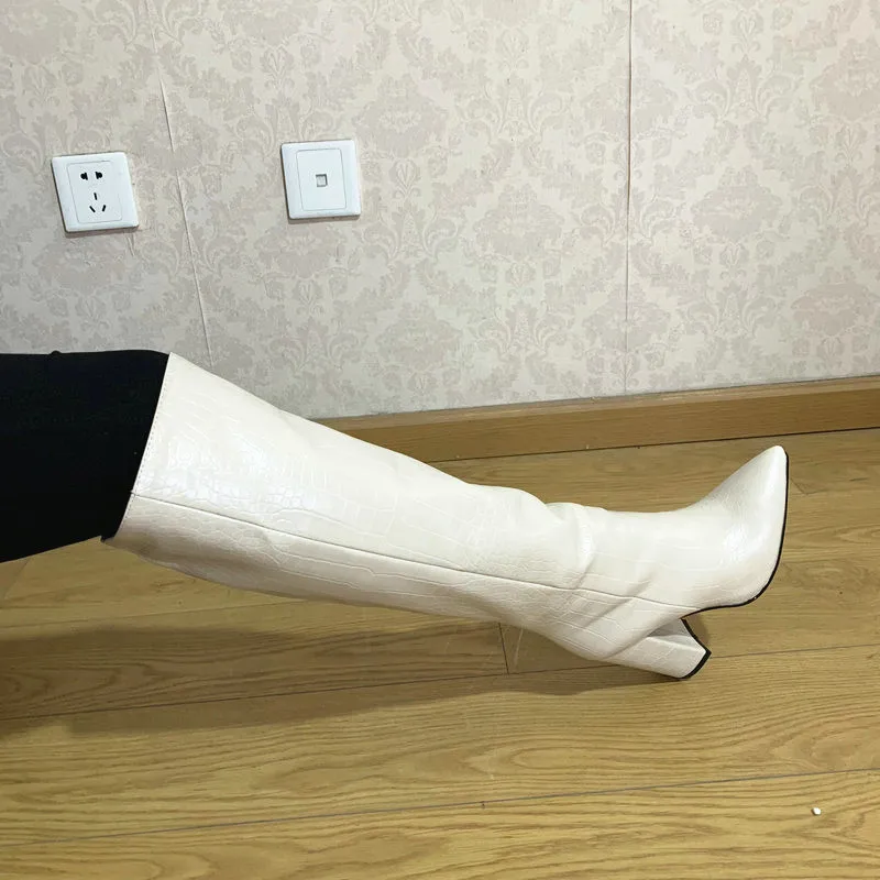 Женские сапоги до колена из искусственной кожи на квадратном каблуке; женская обувь на высоком каблуке с острым носком; женские классические ковбойские сапоги без застежки