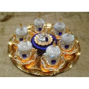 

6 person coffee set with crystals and red-blue-purple - green porcelain