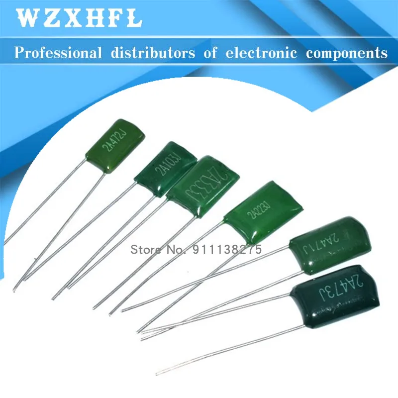 50 Uds condensador de película de poliéster 100V 1nF 1.5nF 2.2nF 100nF 2A471J 2A102J 2A152J 2A222J 2A392J 2A332J 2A472J 2A103J 2A473J 2A104J