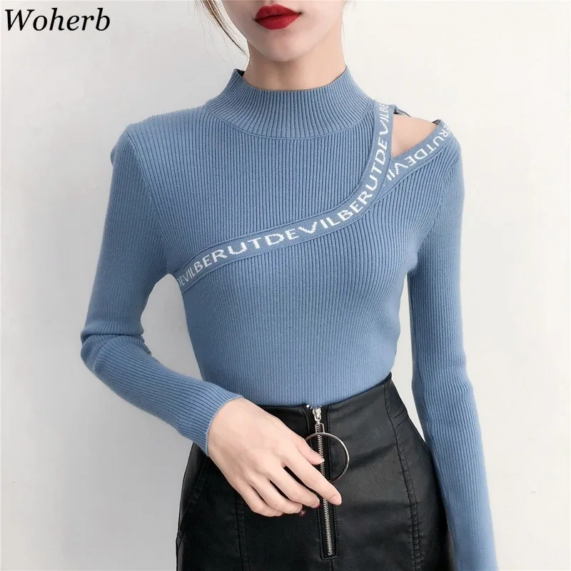 

Woherb Autumn Winter Fashion New Sweater Female Half Turtleneck Letter Off Shoulder Hollow Out Pullover Sexy Ladies Tops 90700