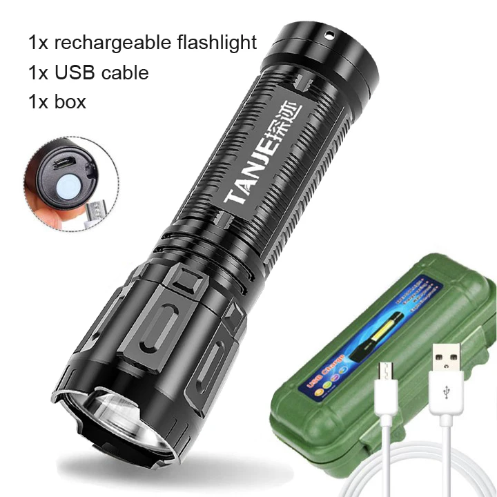 Portable LED Flashlight USB Rechargeable Pocket Flashlight Waterproof Torch with Output Power Bank Function for Camoping Hiking