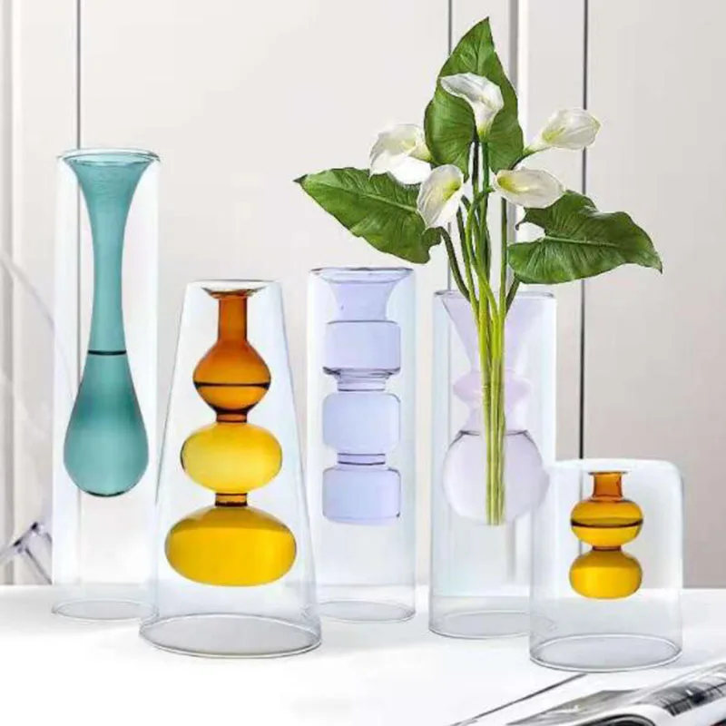 Glass Vase Home Decor Modern Flower Vase Room Decoration European Style Double Layer Glass Wedding Decoration Hydroponic Plants Just6F