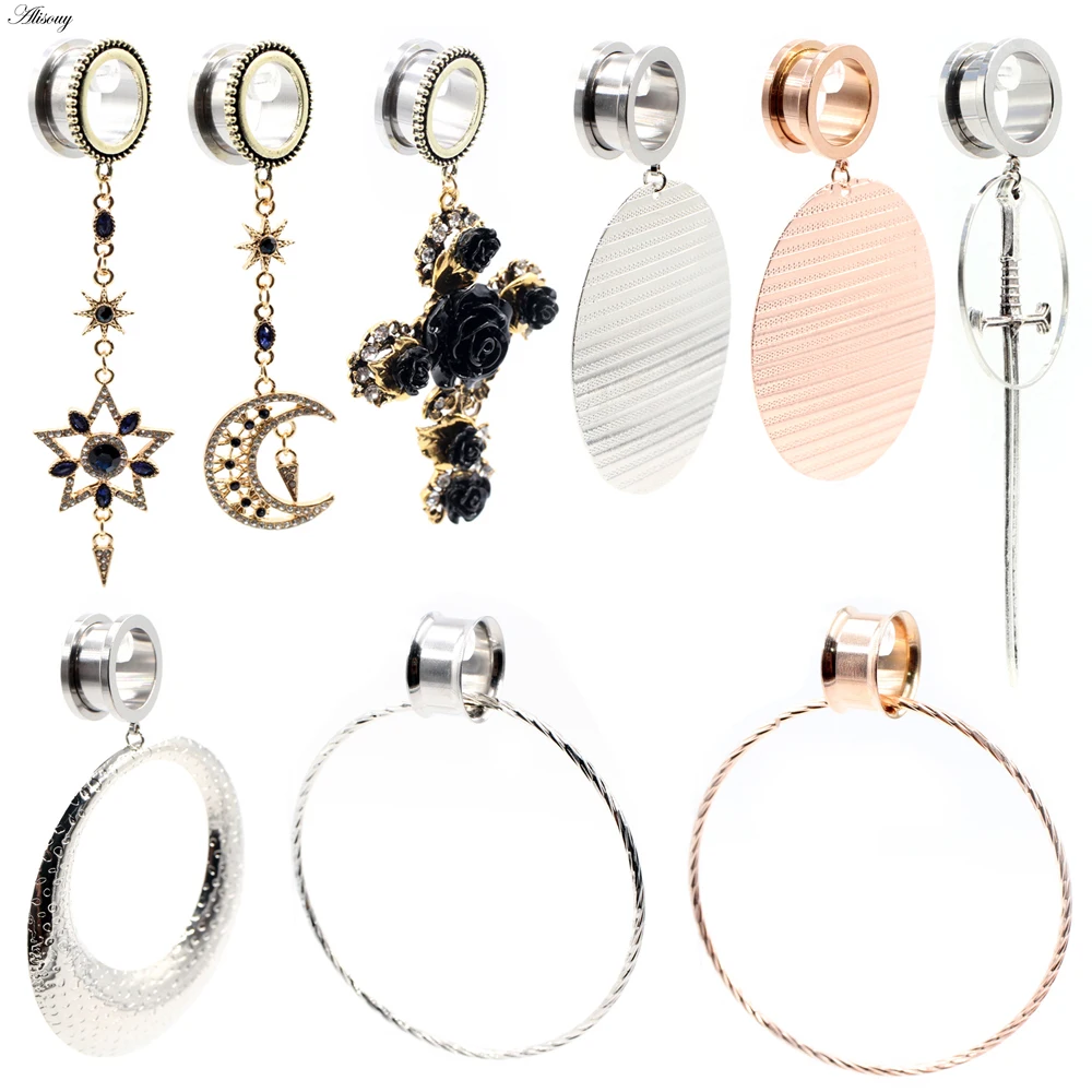 Alisouy 2pcs Stainless Steel Star Moon Cross Sword Circle Dangle Earring Unisex Flesh Ear Gauge Plug