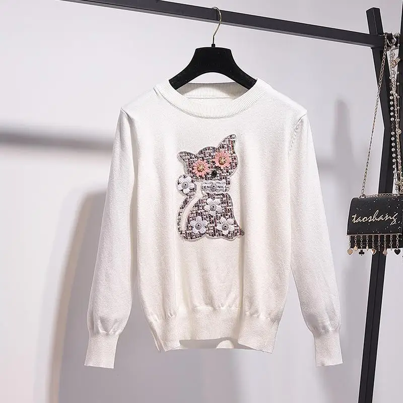 ICHOIX, элегантный женский комплект из 2 предметов с юбкой, милый комплект из 2 предметов с рисунком кота, комплект с свитером, Корейская одежда из двух предметов, зимний комплект из топа и юбки - Цвет: White sweater