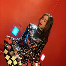 Черный цвет певица зеркало платье сценический танец одежда блестящие серебряные блестки боди платье Стразы Костюм