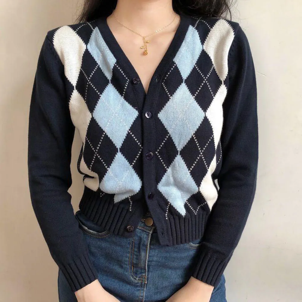

Okwish Plaid Knitted Sweaters Women Vintage Single Breasted Long Sleeve Cardigans Fashion V Neck Slim Fit Female Coats