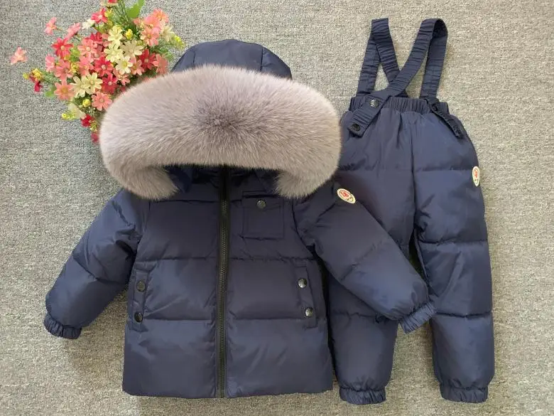 Dollplus/Коллекция года, комплекты детской одежды для русской зимы пуховое пальто для мальчиков и девочек натуральный мех+ штаны, теплый детский зимний комбинезон, лыжный костюм для улицы