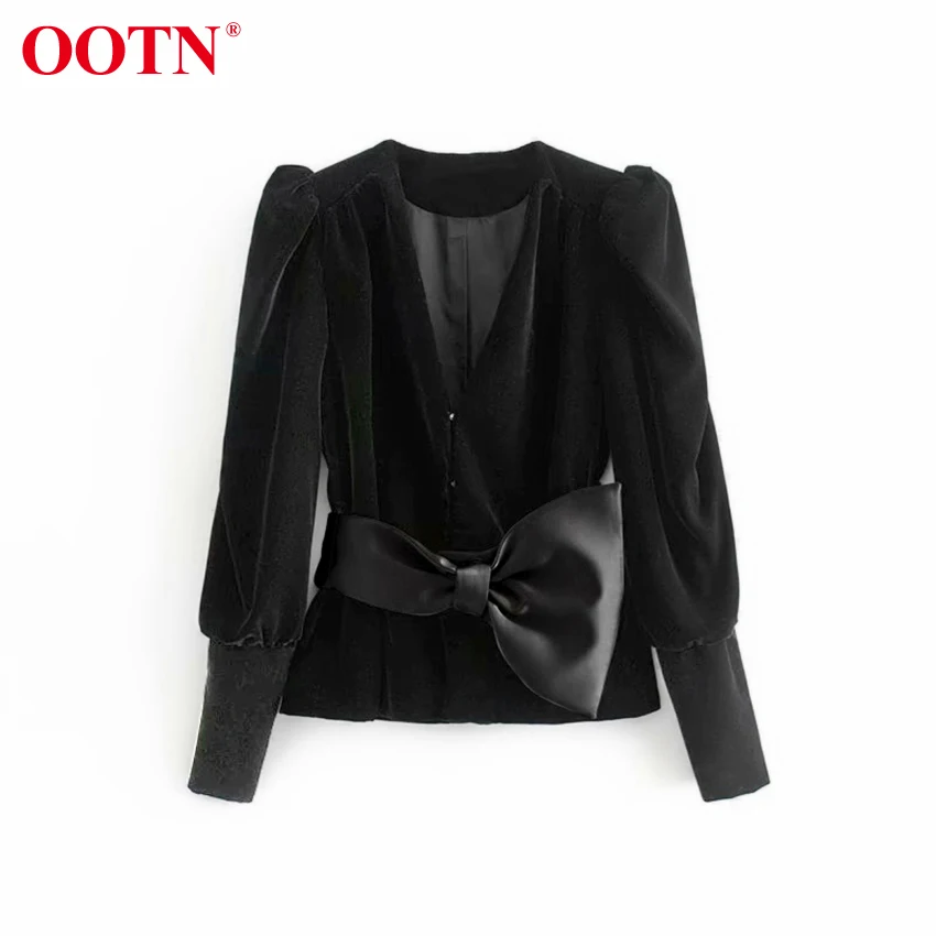 OOTN, сексуальная Осенняя женская блузка с v-образным вырезом, винтажная, с галстуком-бабочкой, с поясом, с пышными рукавами, бархатная рубашка, женские зимние черные блузки,, женские топы