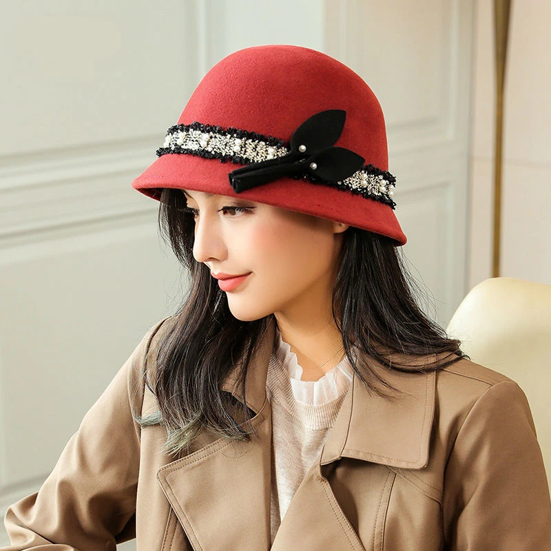 

Winter 100% Wool Hats Luxury Pearl Small Brim Women Felt Cloche Fedora Hat Lady Bowler French Street Pearl Bucket Church Hat
