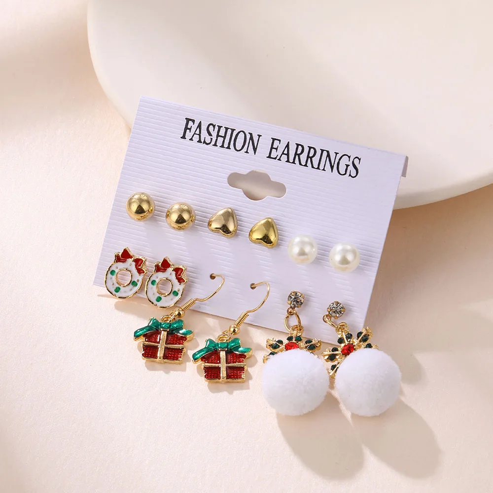 Winter Pearl Tassel Christmas Earring Set Fashion Snowflake Tree Geometric Alloy Earrings Female Child Christmas Jewelry серьги